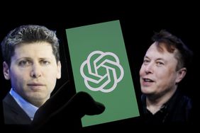 Pictures of Sam Altman and Elon Musk are seen next to a phone screen with the green OpenAI logo on it.