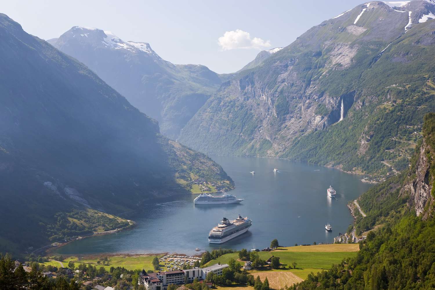 Cruise ships dock in Geirangerfjord, Western fjords, Norway.