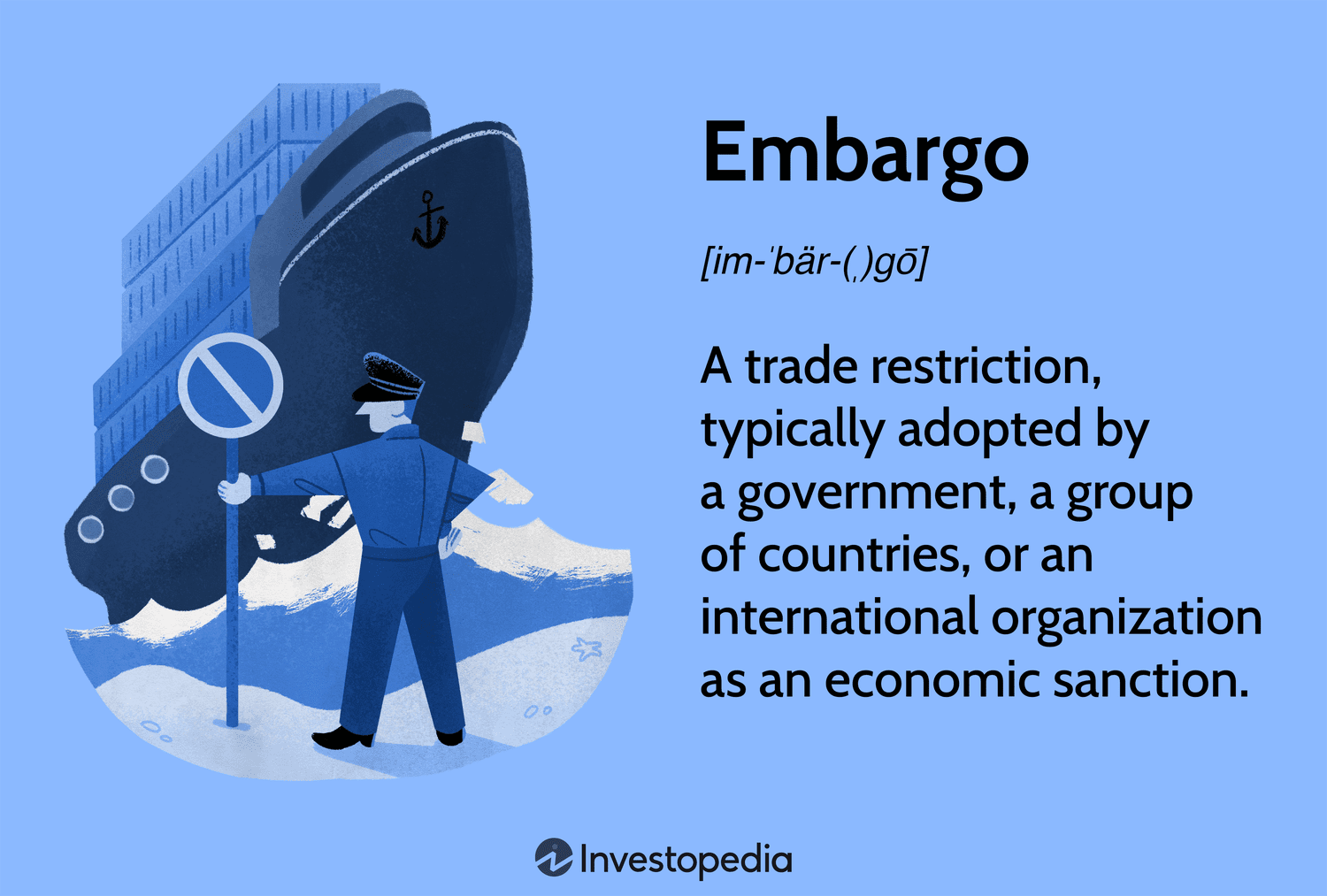 Embargo: A trade restriction, typically adopted by a government, a group of countries, or an international organization as an economic sanction.