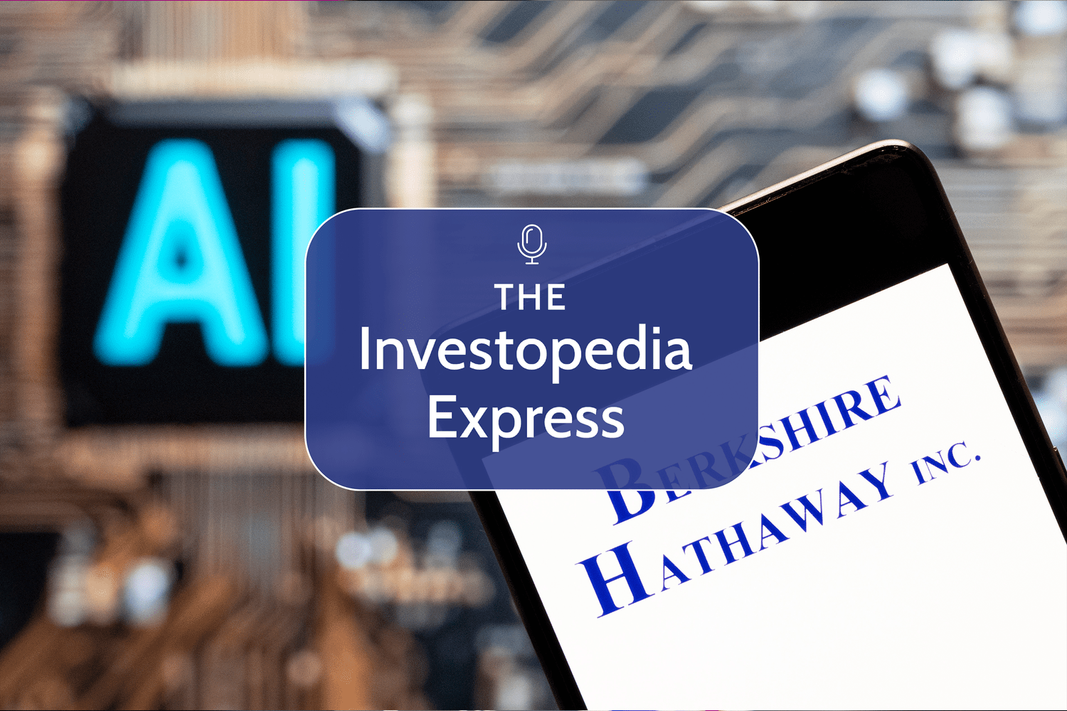 Illustration of Berkshire Hathaway Inc. on a phone screen with a sign that says AI in the background