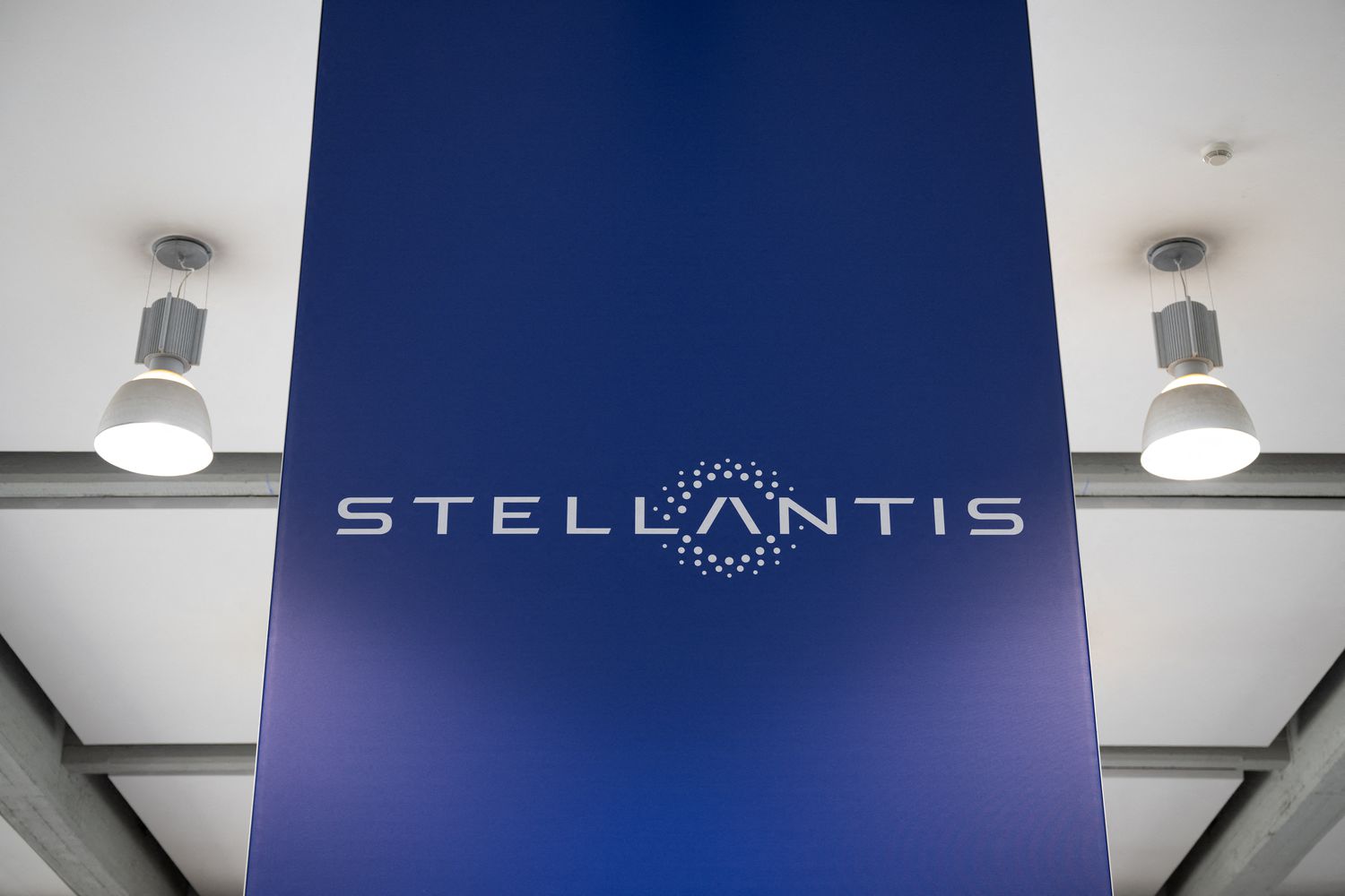 A picture shows the logo of auto giant Stellantis at the Stellantis Mirafiori plant in Turin, Italy, on April 10, 2024
