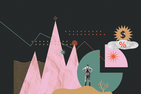 Abstract illustration with graphs, geometric shapes, and a person observing financial symbols.