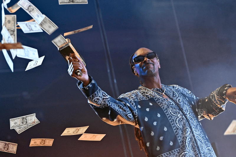 Snooop Dogg shoots from a "cash gun" on stage while performing.