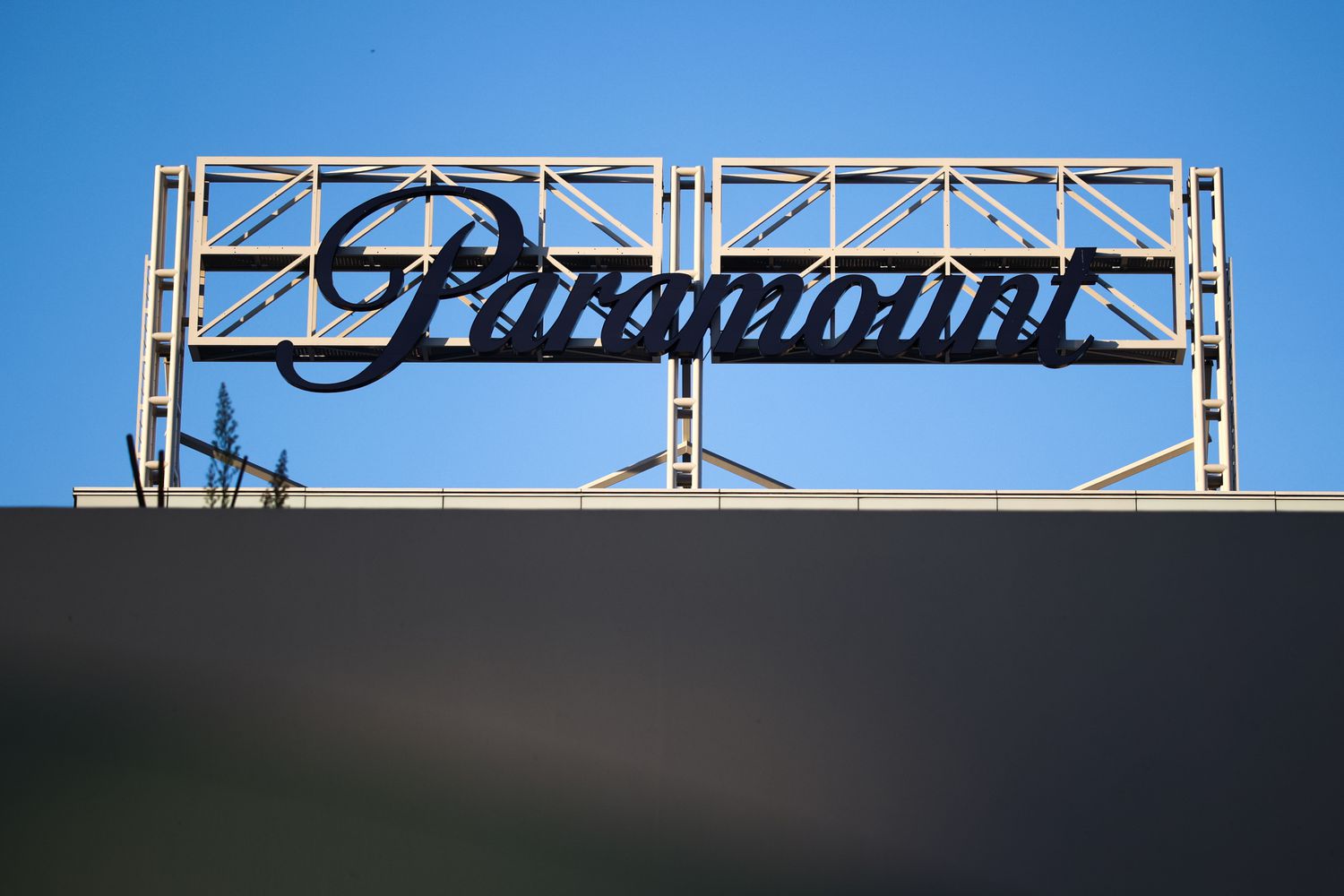 Paramount logo is seen on the building in Los Angeles, United States on November 13, 2023. 