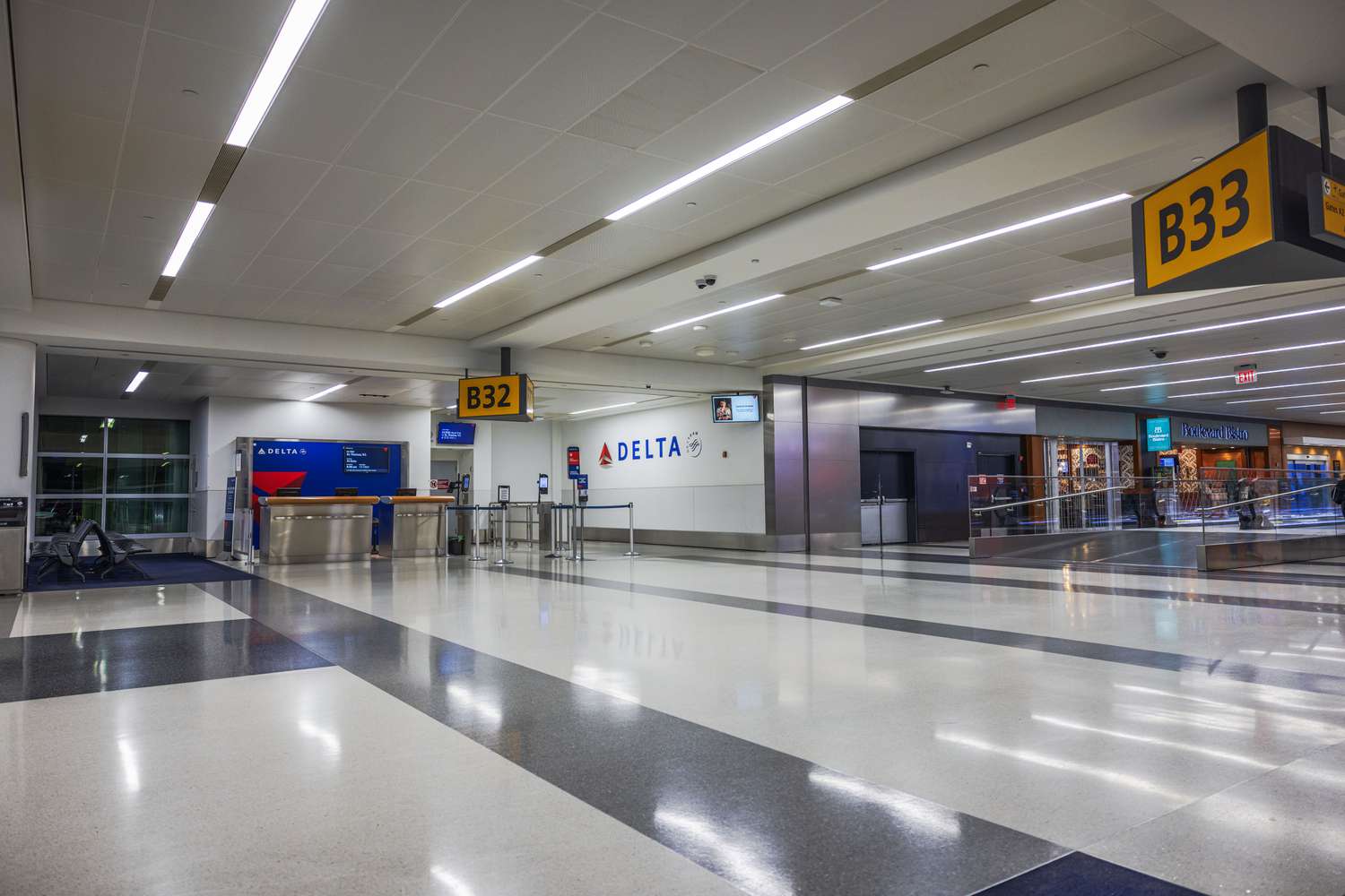 Delta Airlines boarding gate area at Newark Liberty International Airport.