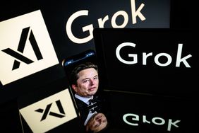 Screens displaying the xAI logo, the Grok logo, and Elon Musk's face.