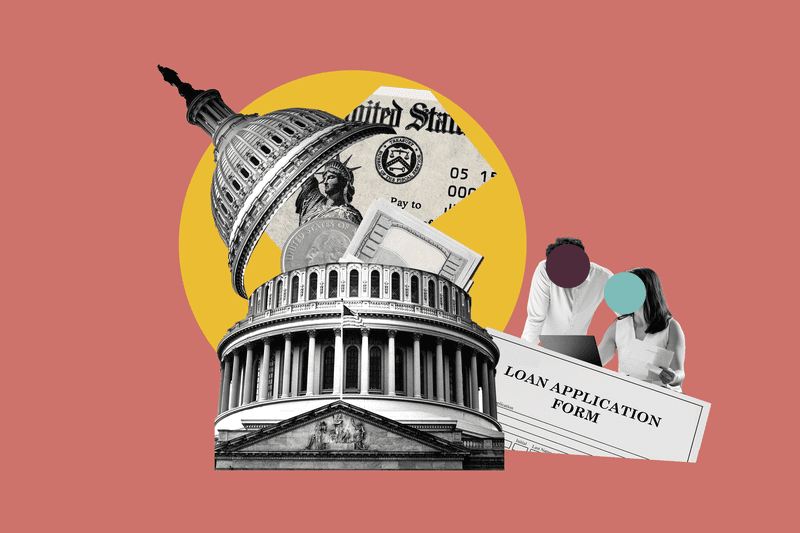Collage of government building, loan application form, and people. 