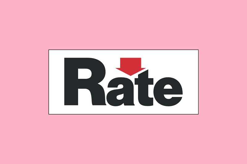 The Rate logo over a pink background.