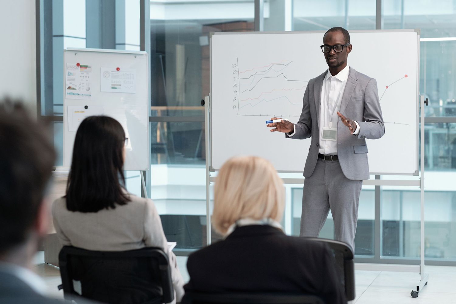 A person standing in front of a white board