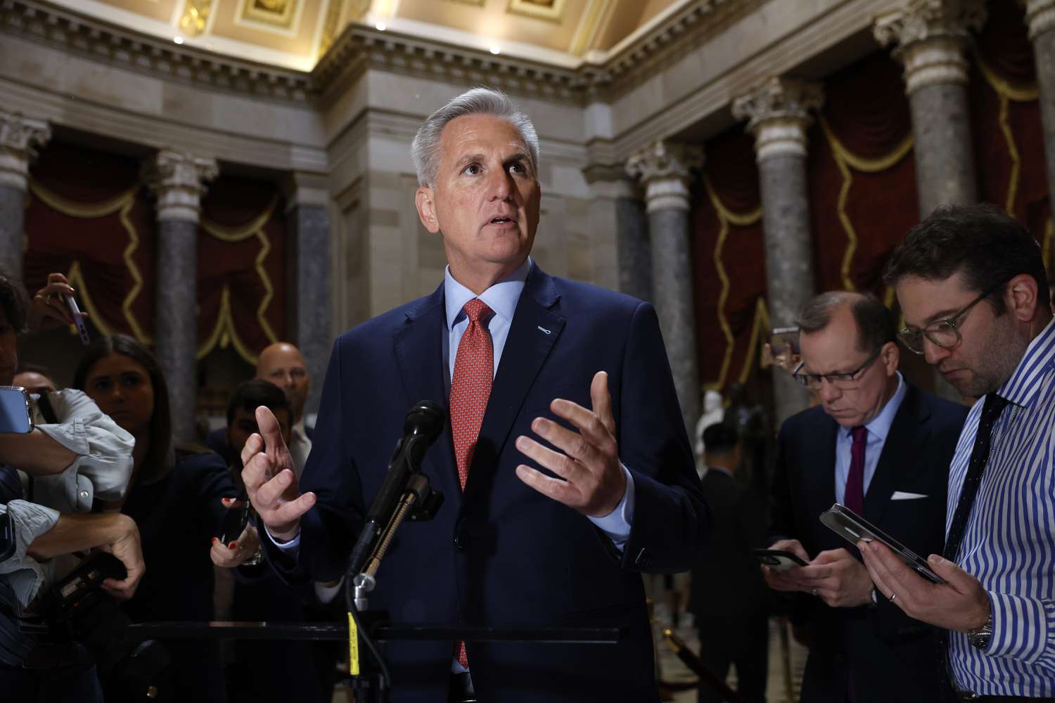 U.S. Speaker of the House Kevin McCarthy (R-CA) speaks to members of the media at the U.S. Capitol on May 24, 2023 in Washington, DC.
