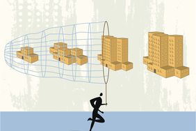 A man acquiring companies of various sizes with a net.