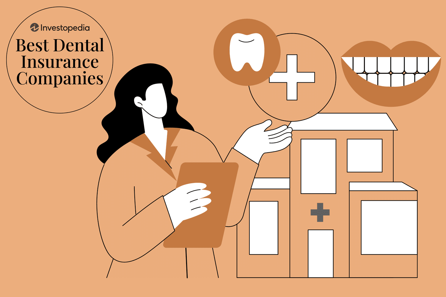 Graphic of female dentist pointing to images of a tooth, healthy smile, and medical building, with the words, "Investopedia, Best Dental Insurance Companies"