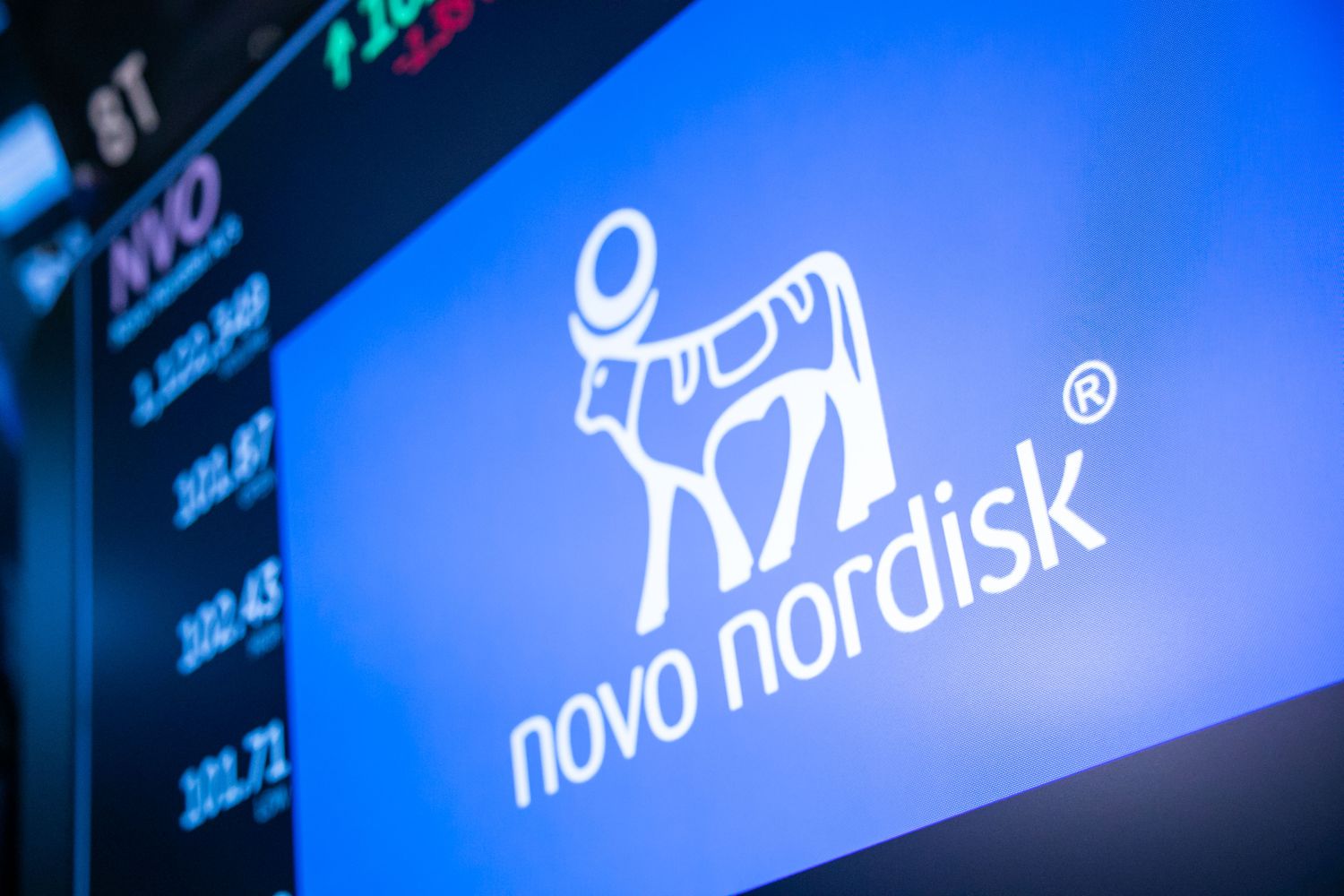 Novo Nordisk A/S signage on the floor of New York Stock Exchange (NYSE) in New York, US, on Tuesday, Jan. 2, 2023.