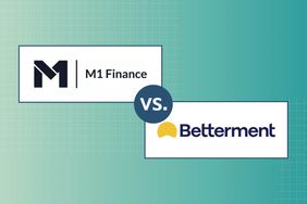 The image showcases M1 Finance logo vs Betterment Logo, it has a teal background with white square designs