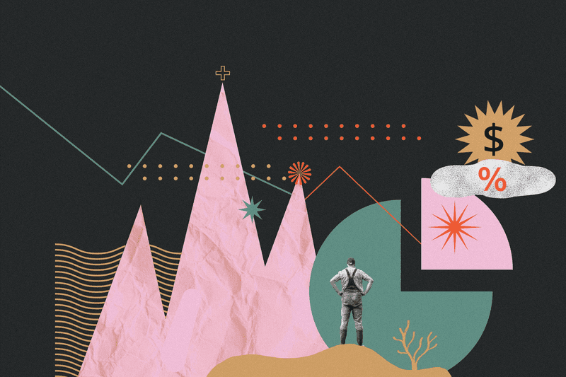 Abstract illustration with graphs, geometric shapes, and a person observing financial symbols.