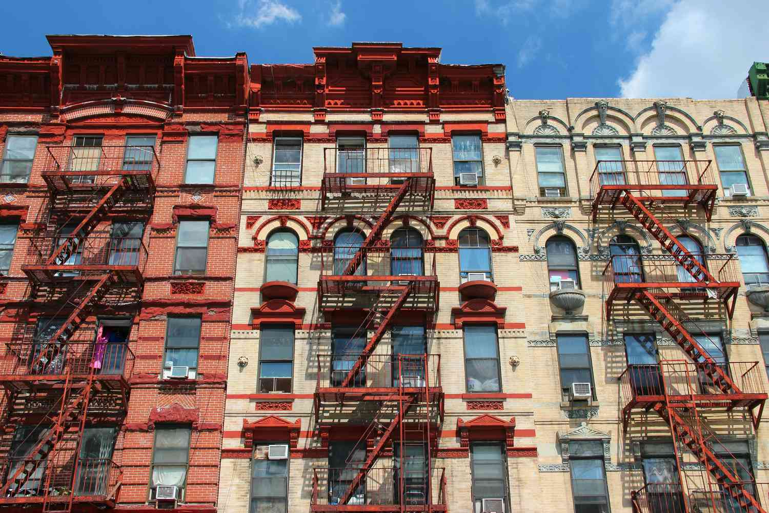 USA, New York City, Manhattan, Lower East Side, Typical apartment building facades with external staircases