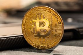 Bitcoin cryptocurrency cryptomonnaie coin placed on a desk in Clermont-Ferrand, France, on May 16, 2025
