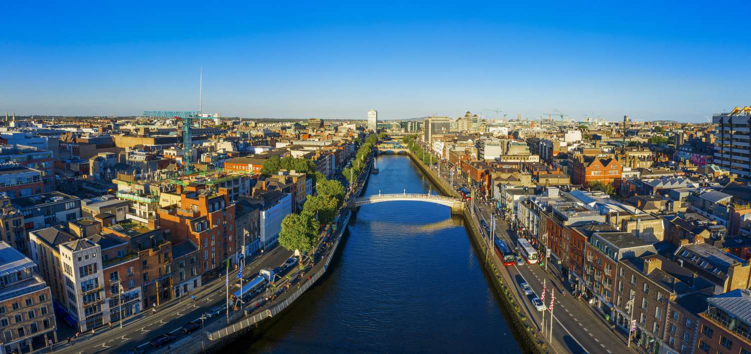 Dublin Ireland with Liffey river aerial view
