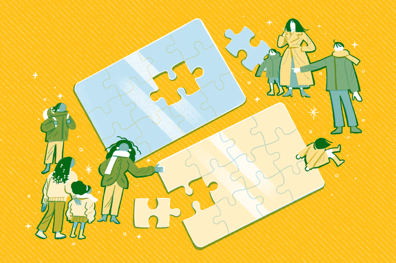 Illustration of families putting together a puzzle. 