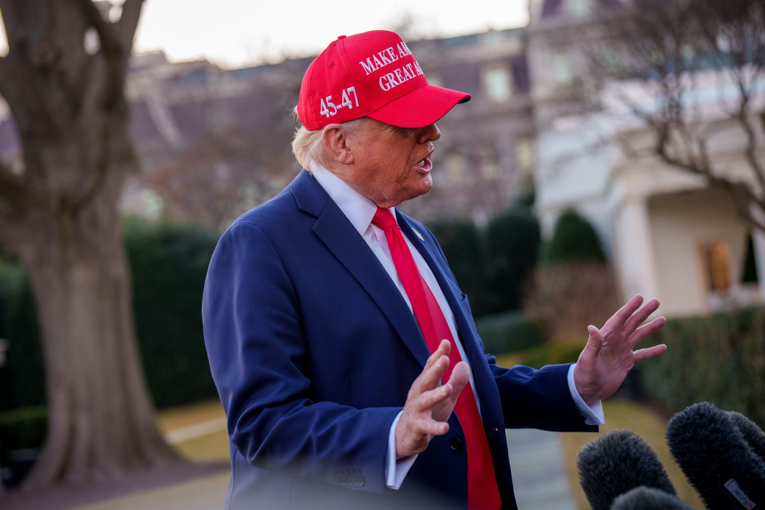 U.S. President Donald Trump speaks to members of the media before boarding Marine One on the South Lawn of the White House on February 28, 2025 in Washington, DC. 