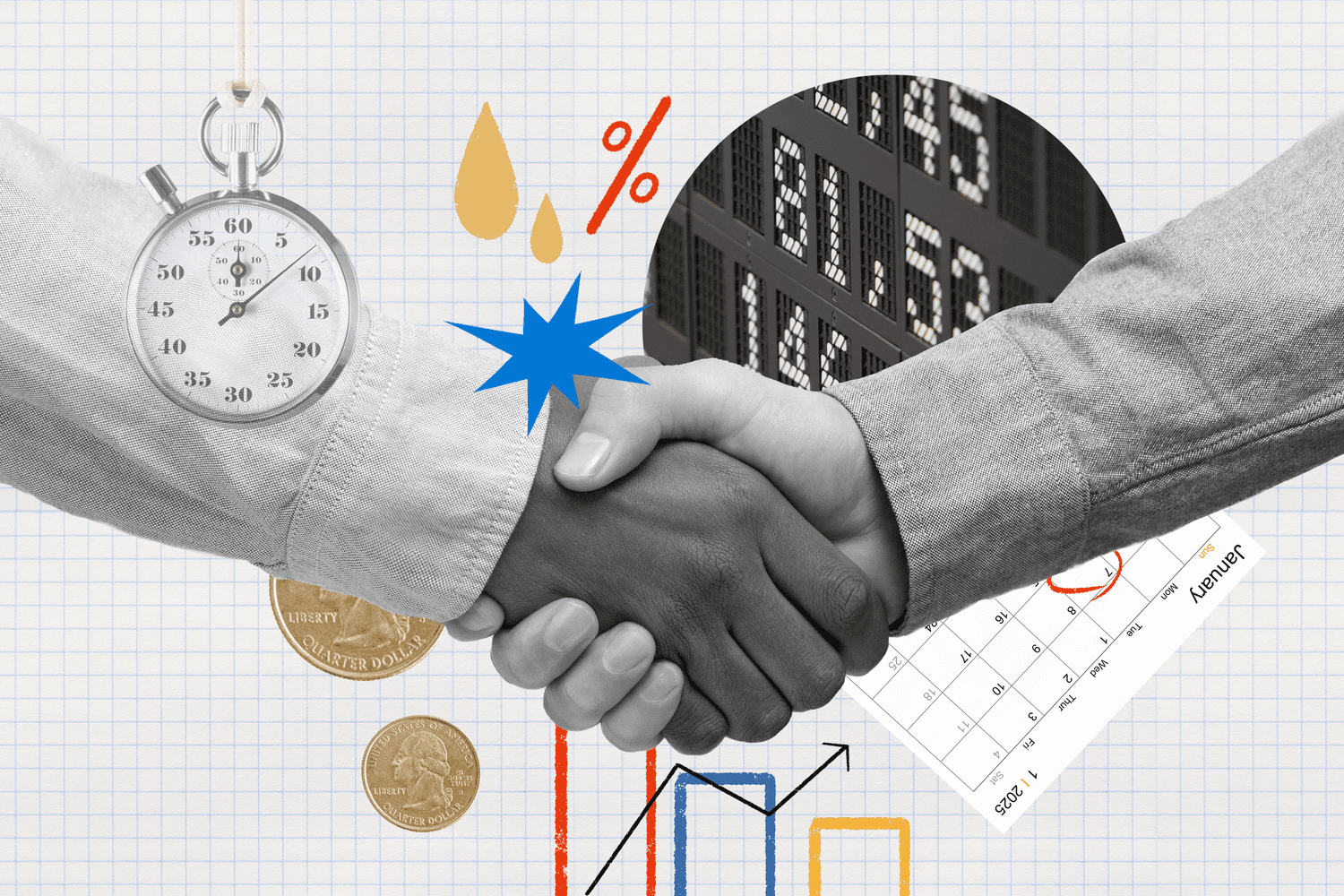 Photo and illustration composite of two people shaking hands, indicating a trading deal has been confirmed. 