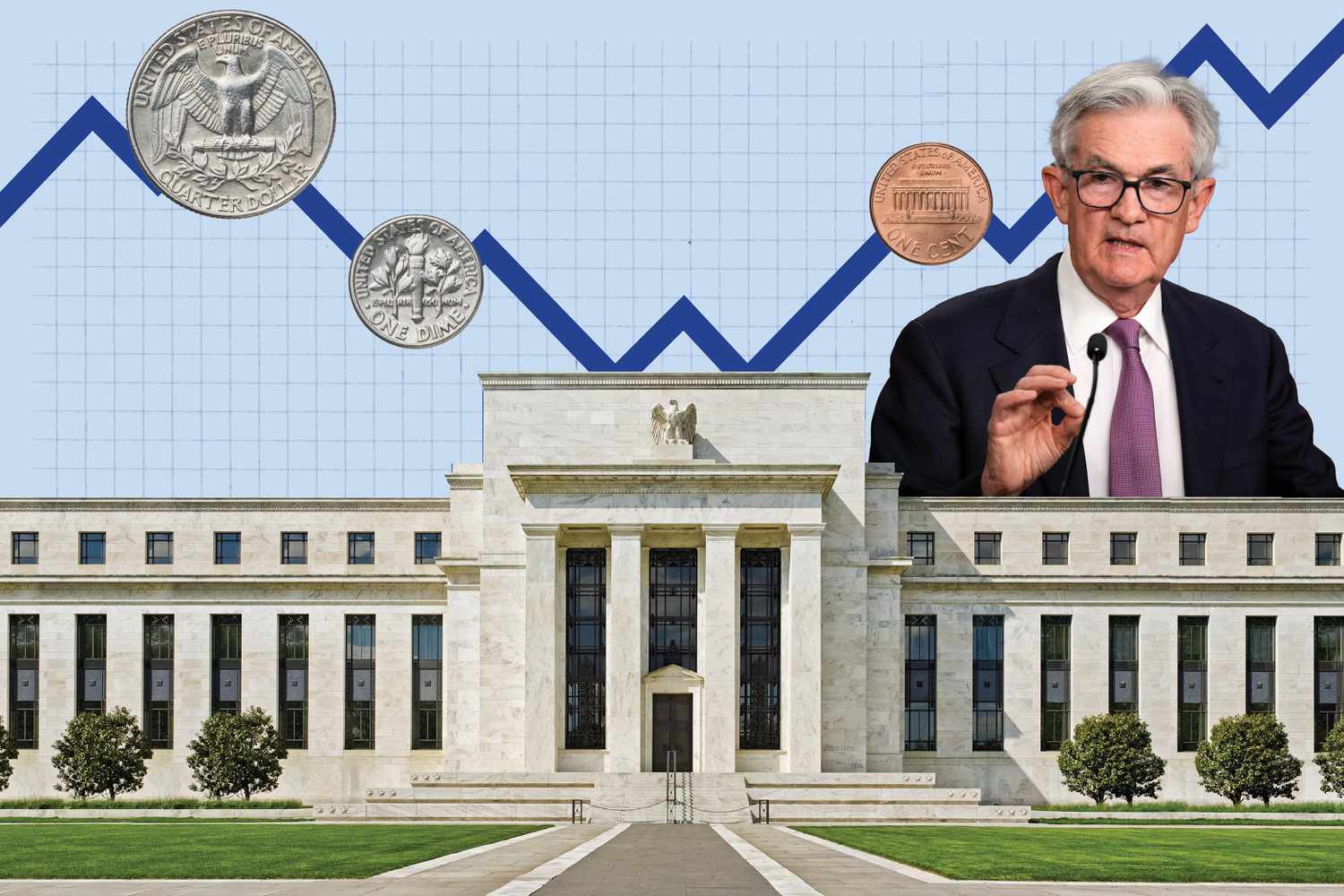The Federal Reserve building and fed chair Jerome Powell
