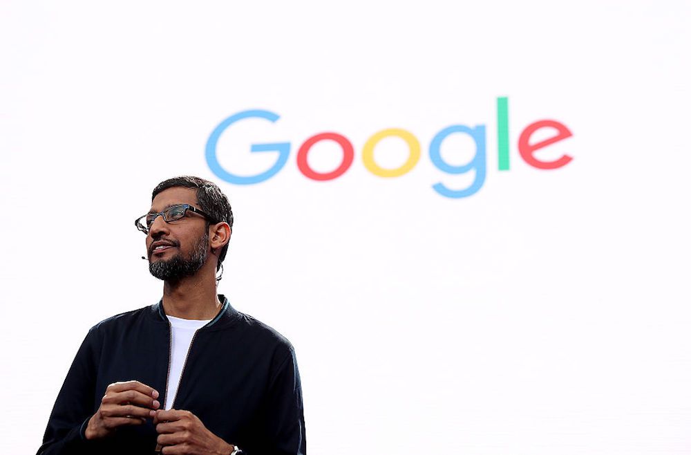 Alphabet CEO Sundar Pichai speaking at a Google event.