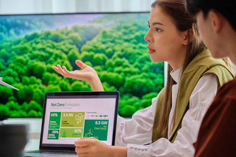 A woman speaks in a meeting with a laptop displaying emissions data.