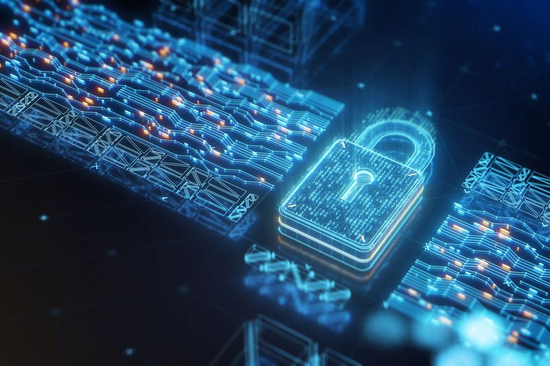 Digital security padlock with encrypted binary code on abstract circuit board