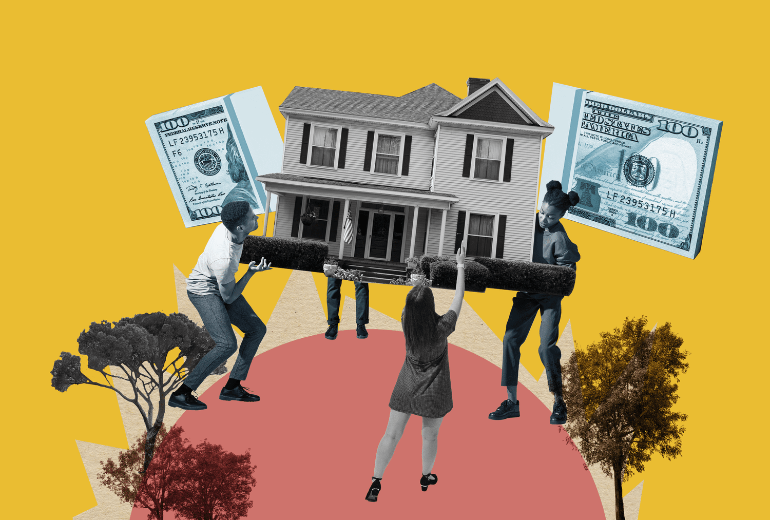 Collage of people holding a house together. 
