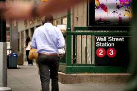 The Wall Street subway station near the New York Stock Exchange (NYSE) in New York, US.