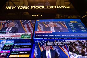 Television stations broadcast Jerome Powell, chairman of the US Federal Reserve, speaking after a Federal Open Market Committee (FOMC) meeting on the floor of the New York Stock Exchange (NYSE) in New York, US, on Wednesday, Sept. 18, 2024. 