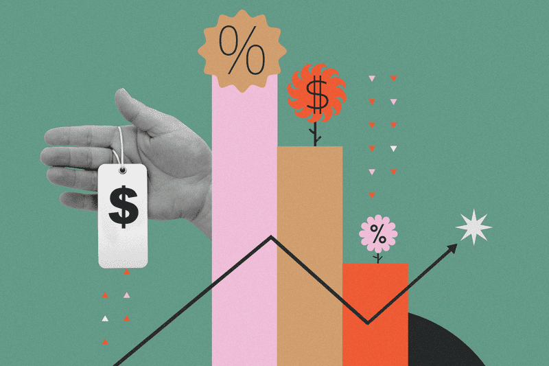 Graphical representation of financial growth concepts including symbols for money and percentages in a stylized design