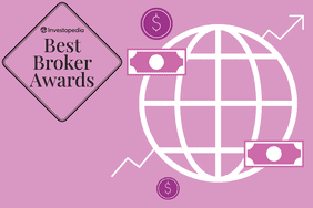 Image shows "Best Broker Awars in top left corner, with different forms of currency floating around a globe outline to the right.