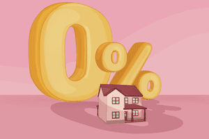 Illustration of a large, yellow 0% symbol behind a house.