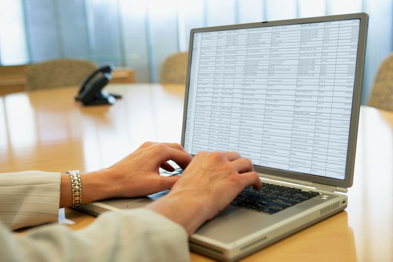 Computer showing Excel spreadsheet with hands on the keyboard.