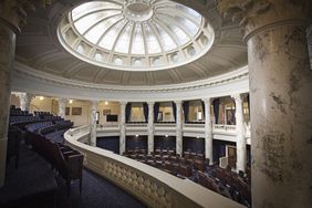 empty seats in a government chamber.