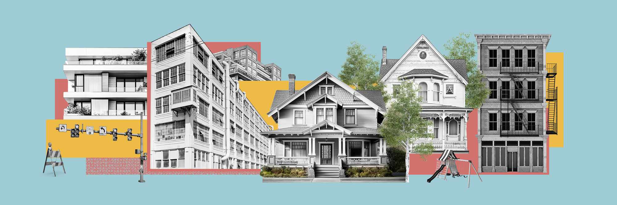 Collage of houses against a light blue backdrop.