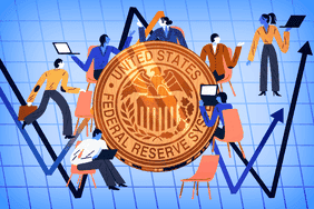 An illustration shows people meeting around a table that looks like the Federal Reserve crest