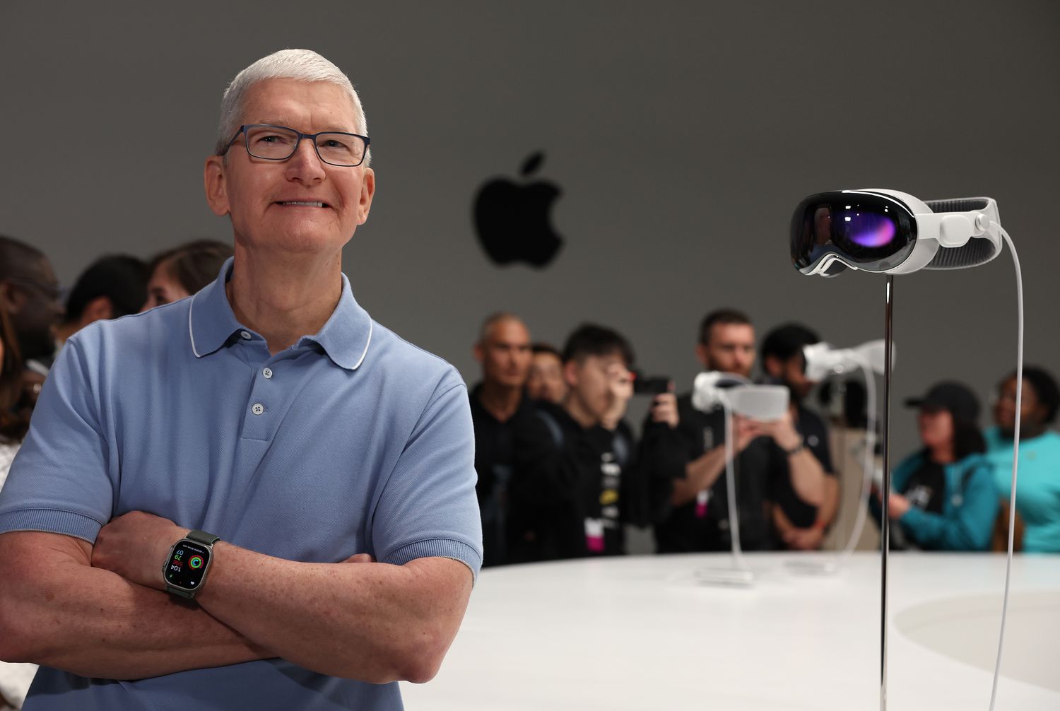 Apple CEO Tim Cook with the Vision Pro headset.