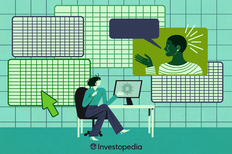 An illustration for Best Online Excel Courses shows a person seated at a desk while another person on a digital viewing screen speaks. The background consists of several overlapping spreadsheet grids.
