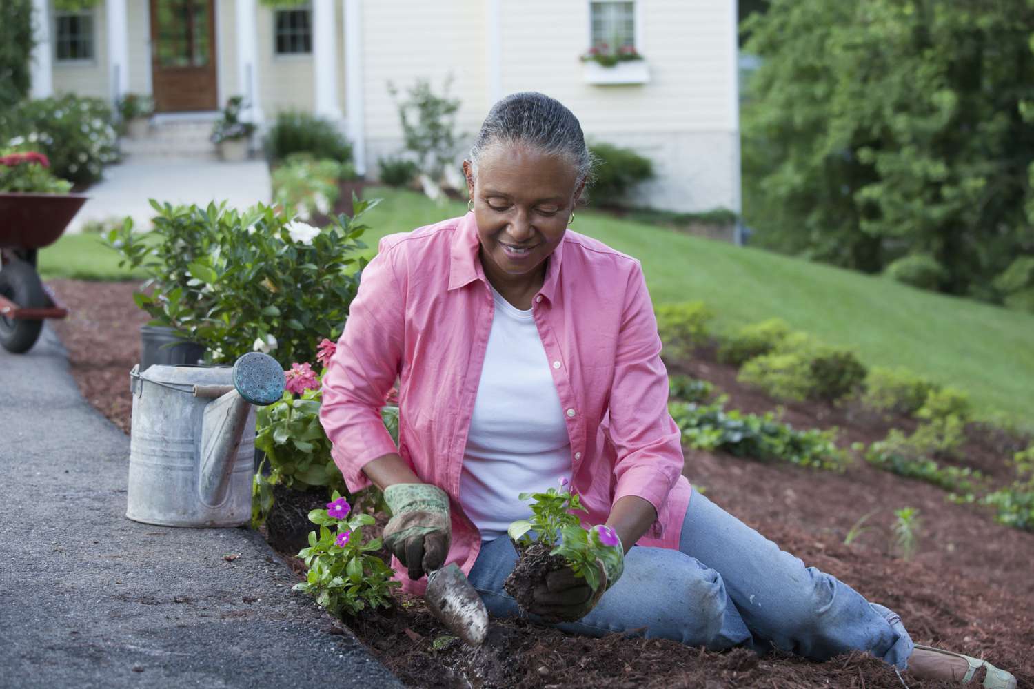 Older woman planting flowers in garden