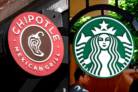A side-by-side image of signs with the logos for Chipotle Mexican Grill on the left, and Starbucks on the right.