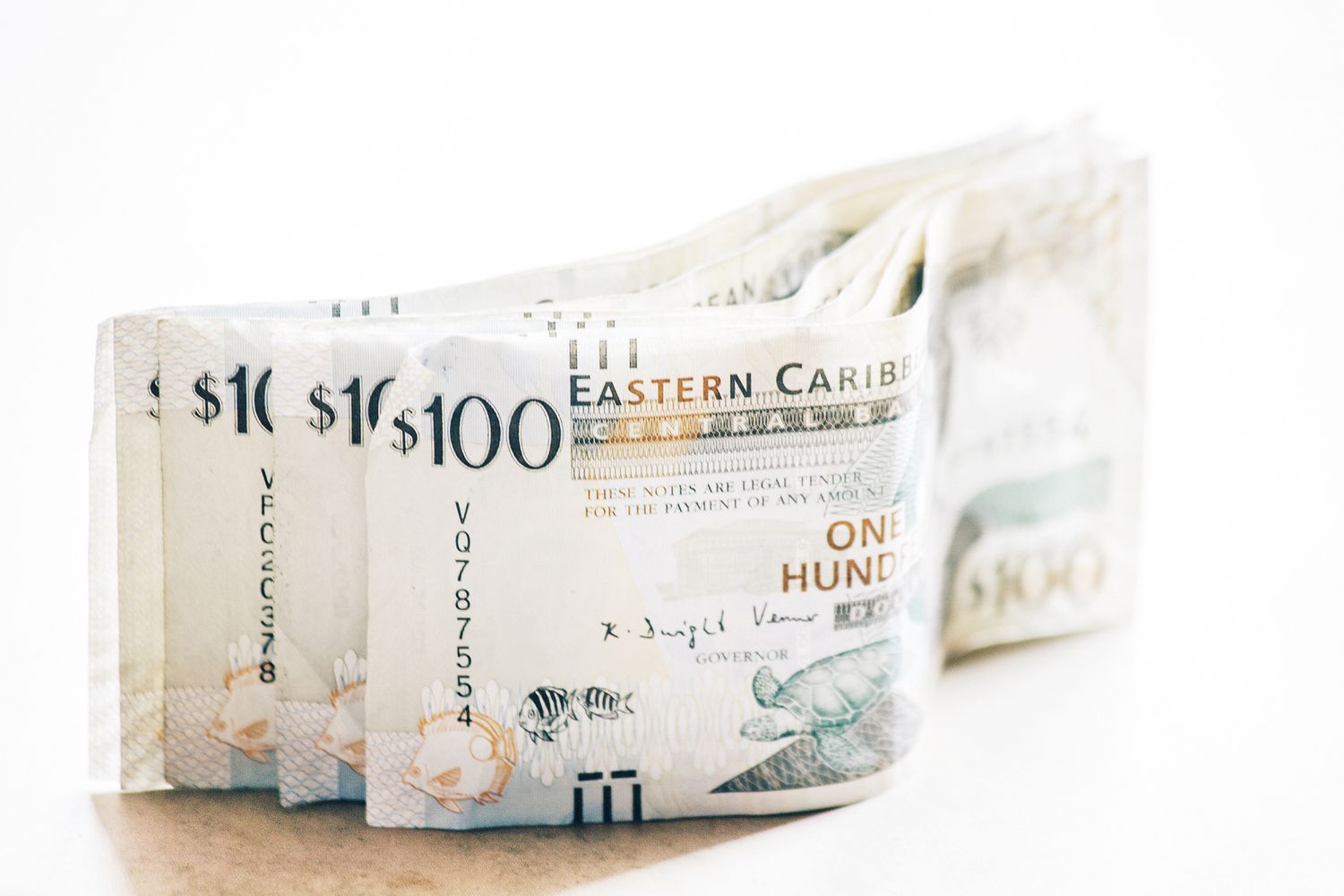 An image of several Eastern Caribbean $100 banknotes. 