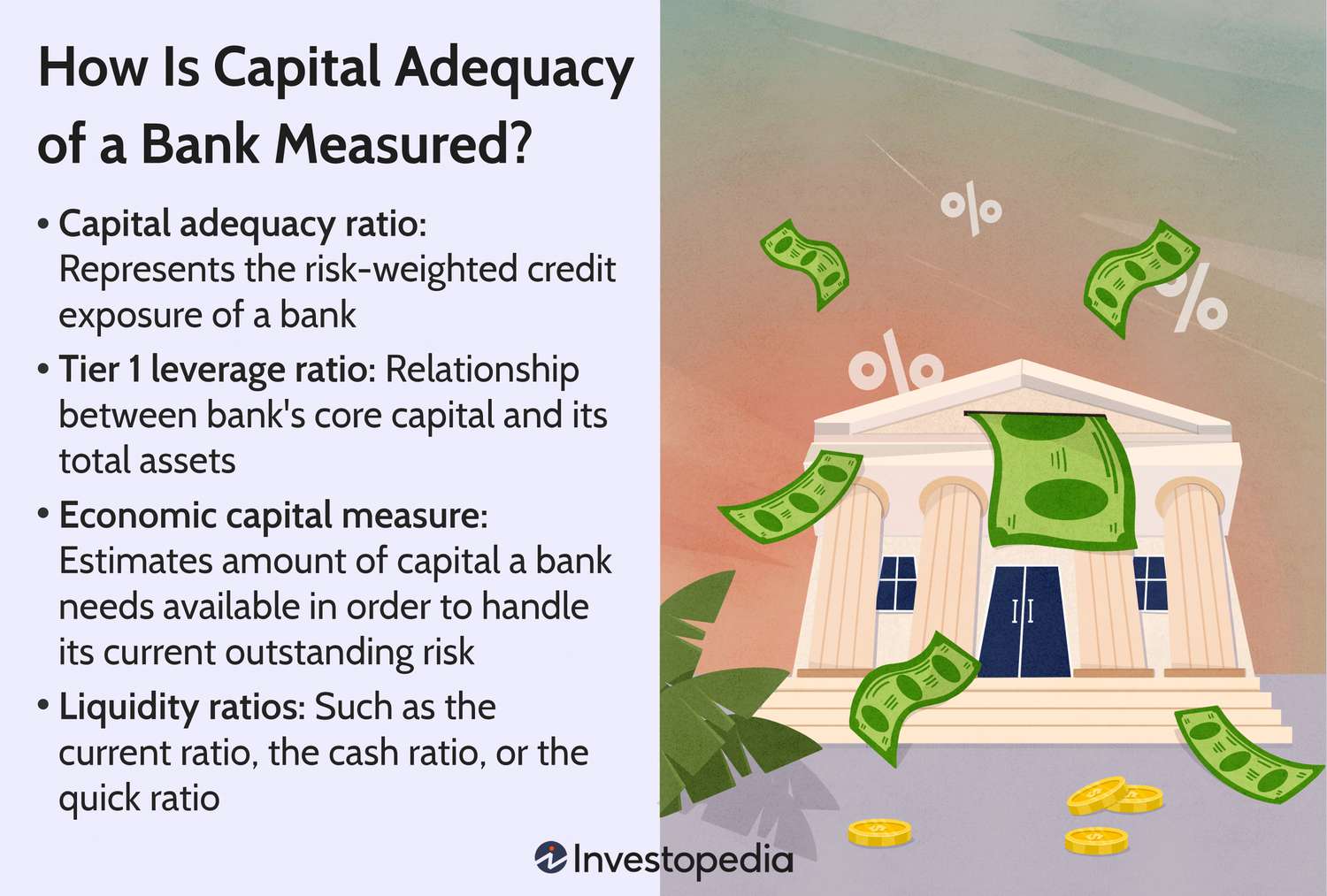 Custom illustration shows a bank on the right with dollar bills flying around it in the air. Title is "How Is Capital Adequacy of a Bank Measured?" and the copy says "Capital adequacy ratio: Represents the risk-weighted credit exposure of a bank Tier 1 leverage ratio: Relationship between bank's core capital and its total assets Economic capital measure: Estimates amount of capital a bank needs available in order to handle its current outstanding risk Liquidity ratios: Such as the current ratio, the cash ratio, or the quick ratio."