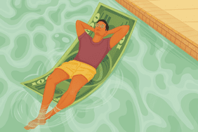 Person with short, dark hair and glasses floats in a pool on something that looks like a giant $100 bill.
