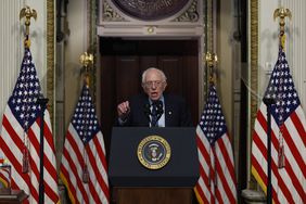 Then-Senate Health, Education, Labor and Pensions Committee Chairman Bernie Sanders (I-Vt.) talks about lowering healthcare costs during an event highlighting the Biden administration’s work to lower the cost of breathing treatments for asthma and COPD patients in the Indian Treaty Room in the Eisenhower Executive Office Building on April 3, 2024, in Washington, D.C.