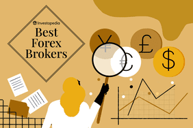 The left-hand side of the image shows a box containing the Investopedia logo and words "Best Forex Brokers," along with documents and a folder, while a person examines symbols of the Japanese yen, U.S. dollar, European euro, and British pound with a magnifying glass on the right-hand side.