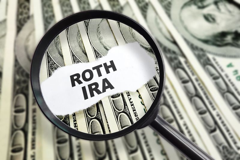 Magnified Roth IRA words on background of U.S. bills