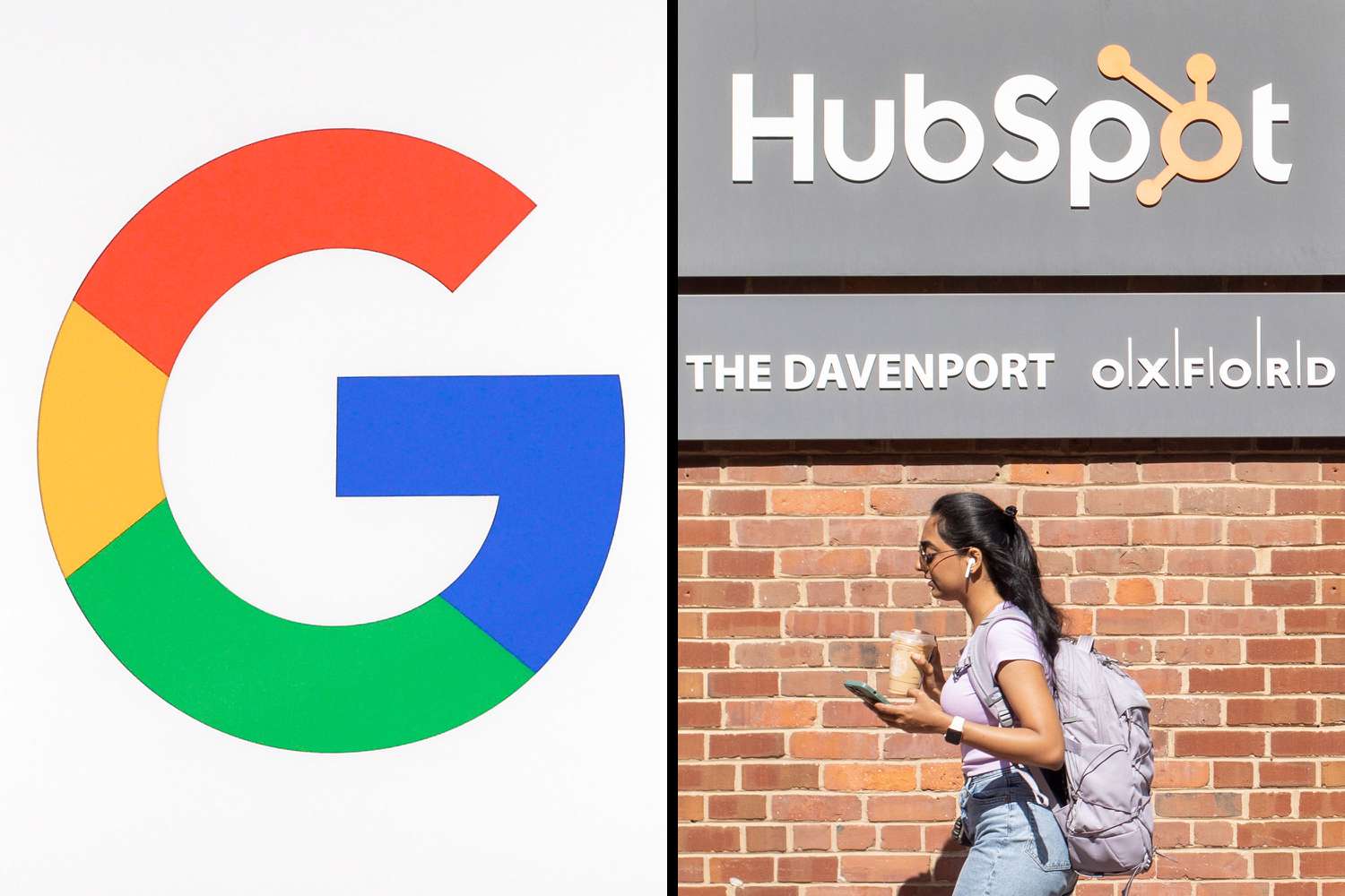 Photo composite of Google's logo and the HubSpot logo on the facade of a brick office building. 